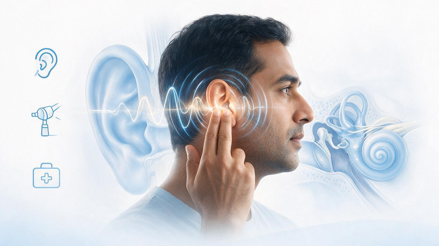Medical illustration of tinnitus showing a person with ringing in the ears and the inner ear anatomy.