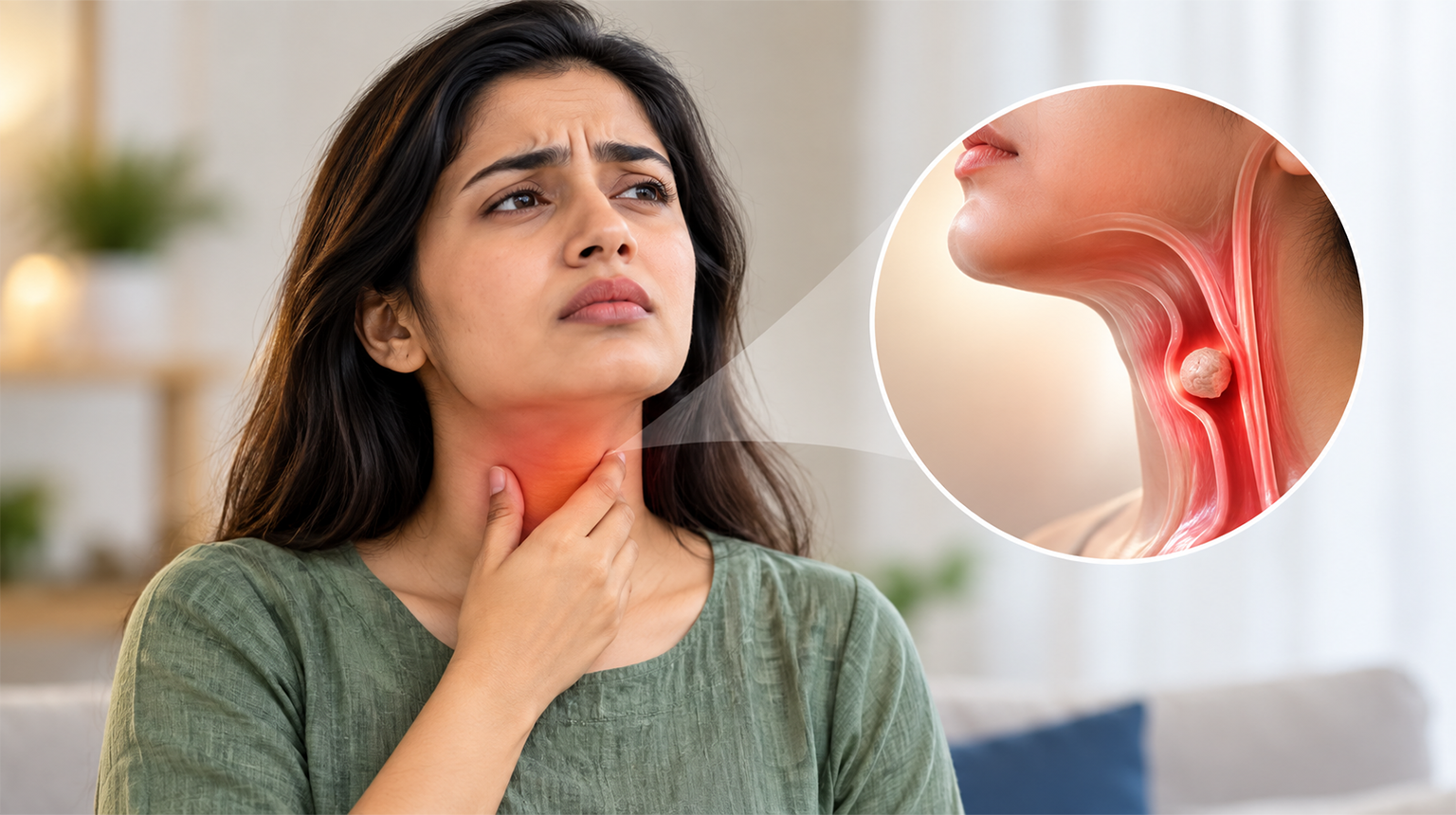 गले में कुछ अटका हुआ महसूस होने से परेशान महिला