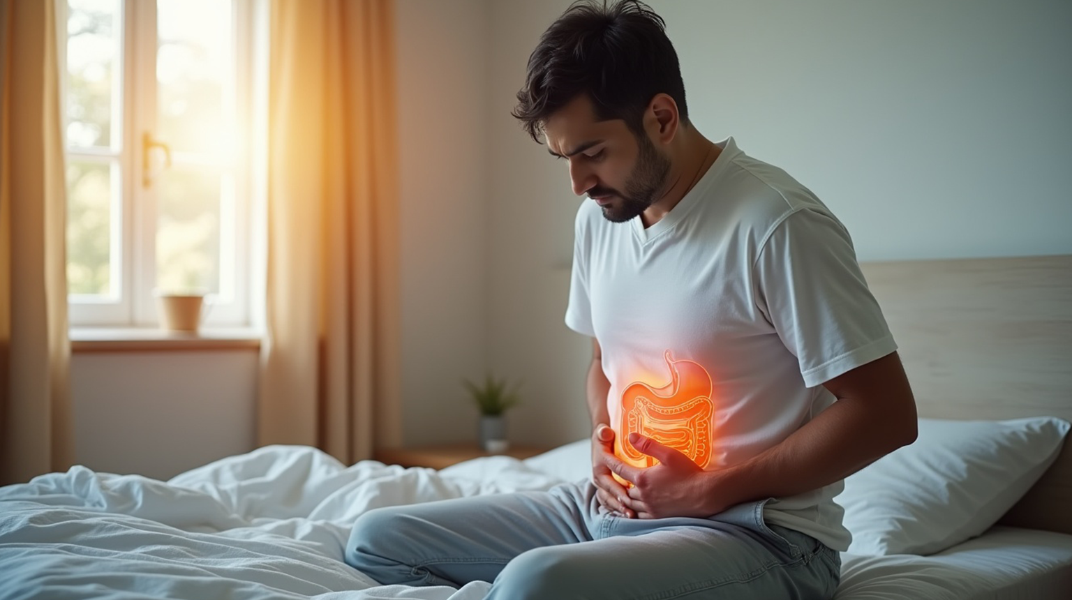 Man experiencing digestive discomfort and possible constipation