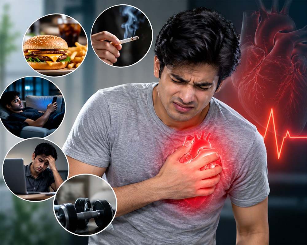 कम उम्र के व्यक्ति में सीने में दर्द का चित्र, साथ में फास्ट फूड, धूम्रपान, तनाव और कम शारीरिक गतिविधि जैसे हृदय रोग के जोखिम कारक