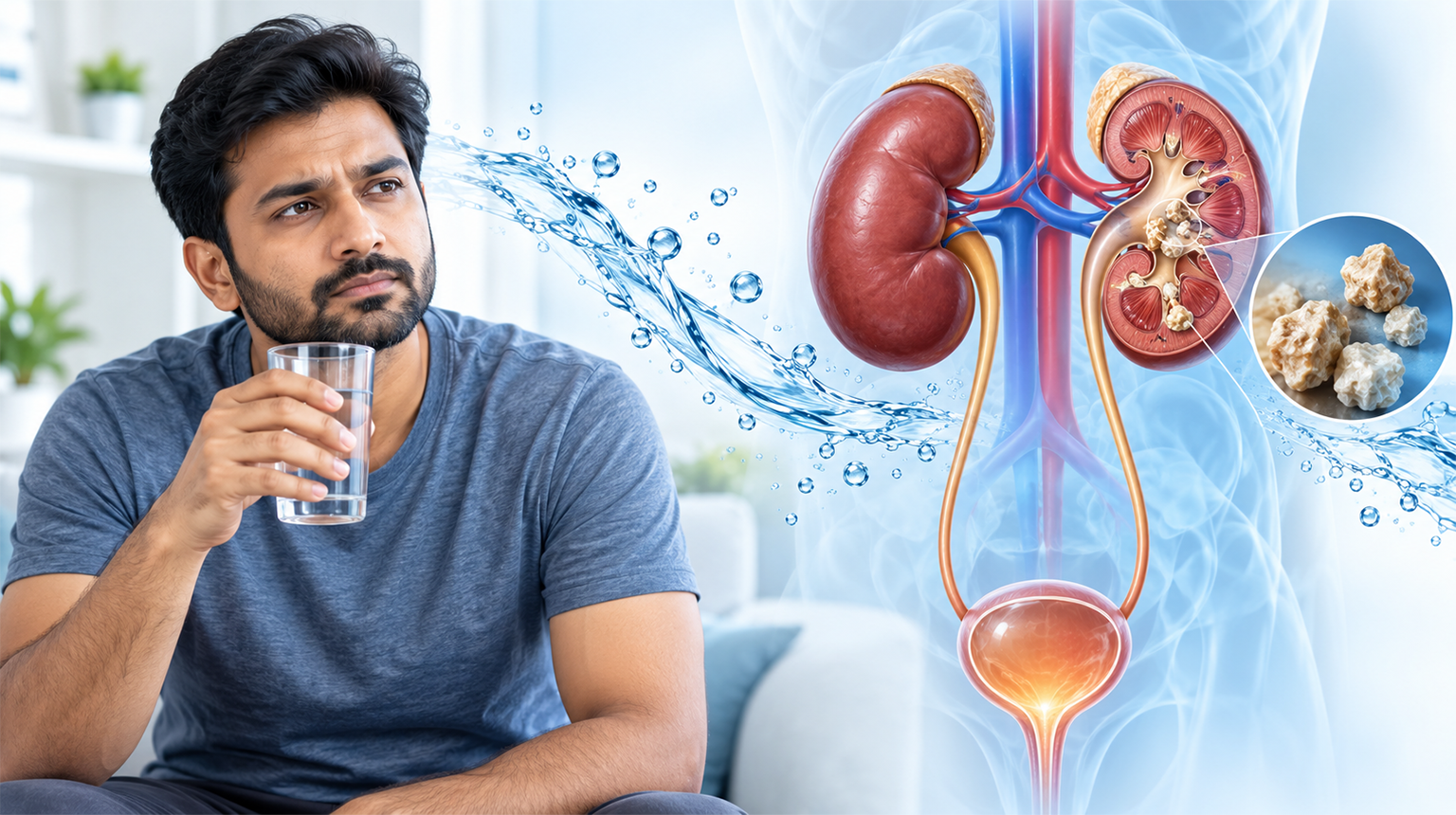 पानी का गिलास पकड़े व्यक्ति और किडनी में पथरी का मेडिकल चित्र