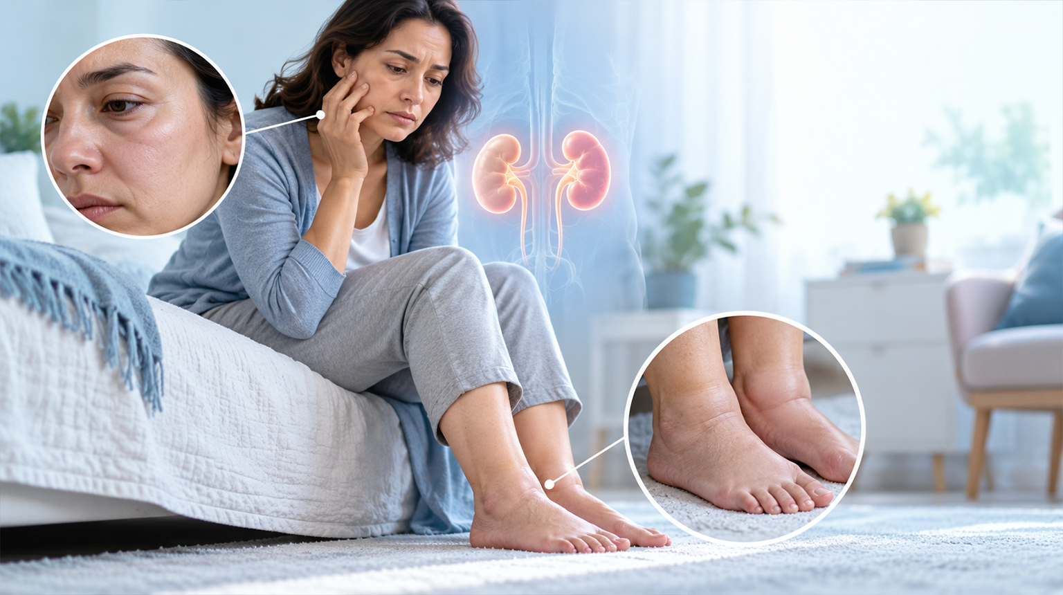 चेहरे और पैरों में सूजन से परेशान महिला और किडनी का मेडिकल चित्र